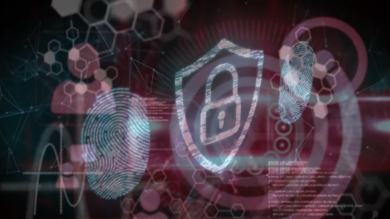 animación de un escudo digital con candado, huella dactilar y fórmulas químicas en fondo rojo
