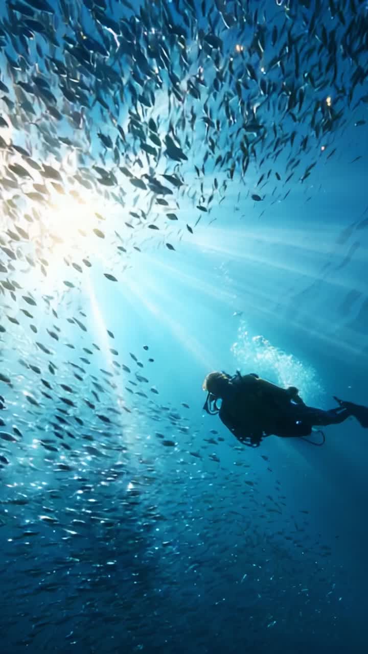 Breathtaking underwater scene captures a diver surrounded by a mesmerizing school of fish, illuminated by radiant sunlight filtering through the ocean surface