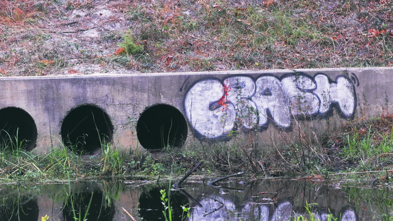 graffiti en la alcantarilla con agua en la zanja