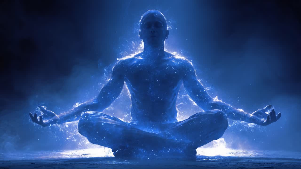 Una figura serena in meditazione, circondata da una luce blu eterea, che cattura un momento di pace interiore ed energia cosmica in un'atmosfera mistica.