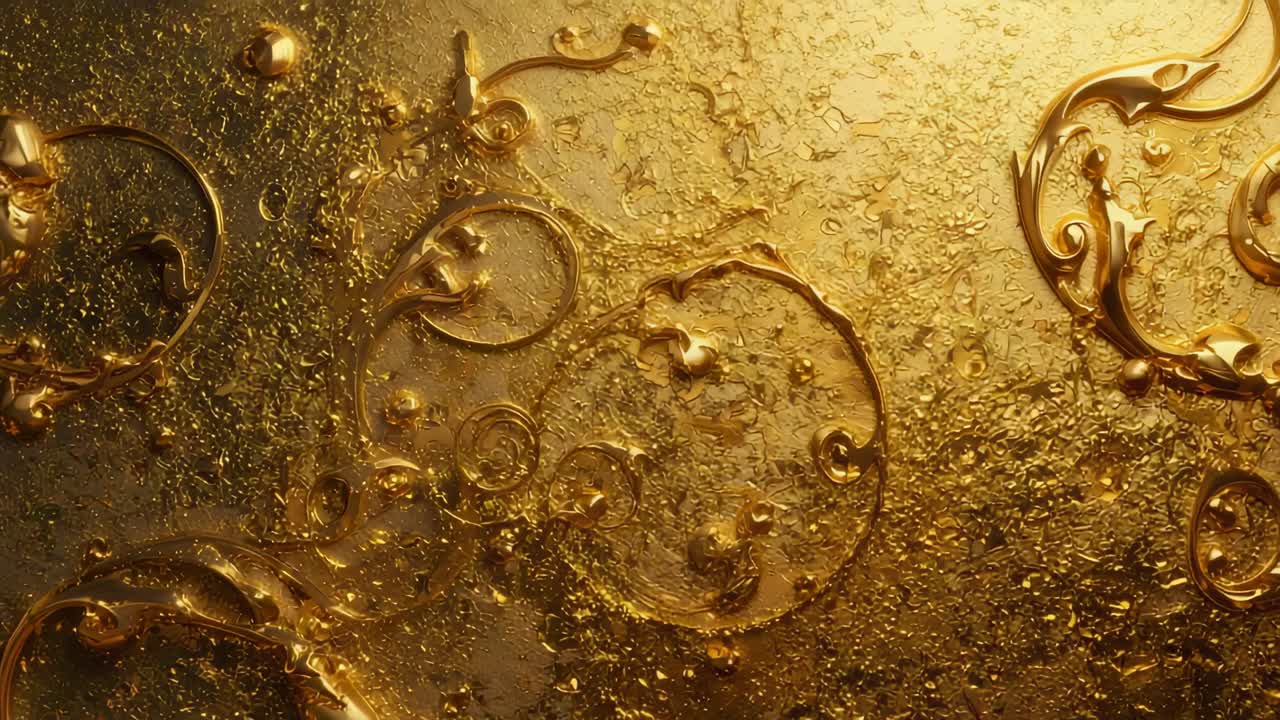 Revealing gold surface forming scroll-like filigree patterns in studio macro with rising bubbles