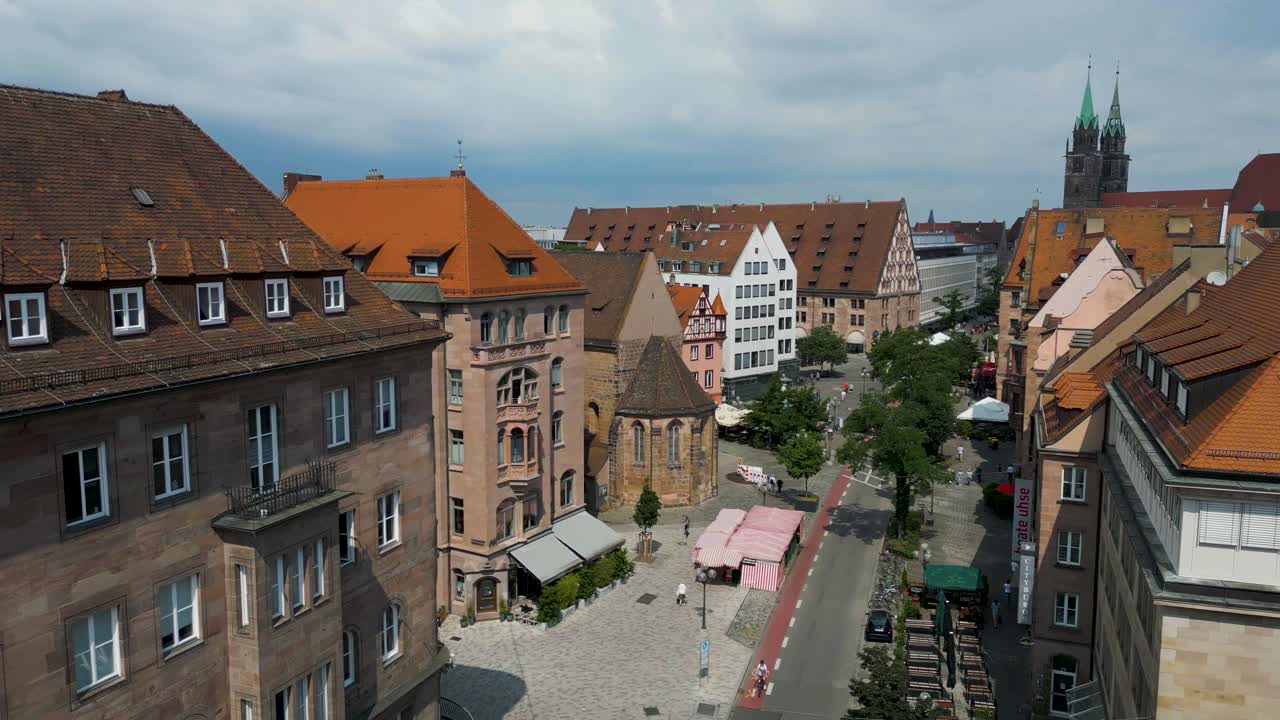 4K Aerial Drone Video of the Neighborhood Behind the Ancient Women's Gate Tower in Downtown Nurnberg, Germany