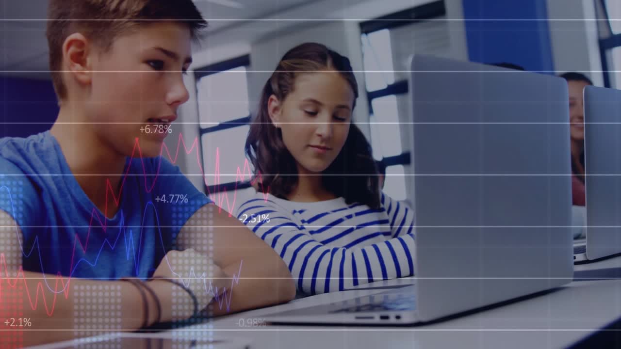 Students sitting at computer lab desk initiating line graph % overlays, boy typing, girl observing