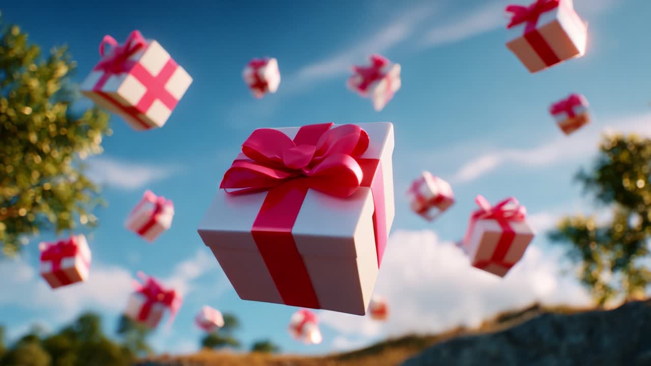 A Magical Scene of Colorful Floating Gifts Amidst a Clear Blue Sky, Surrounded by Lush Greenery, Evoking Joy and Celebration, Perfect for Special Occasions and Festive Gatherings