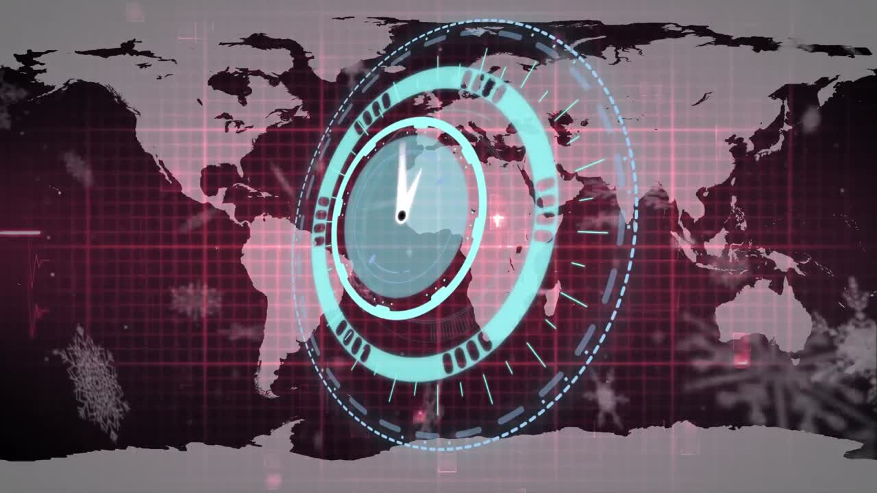animación del reloj y el monitor de frecuencia cardíaca sobre el mapa del mundo