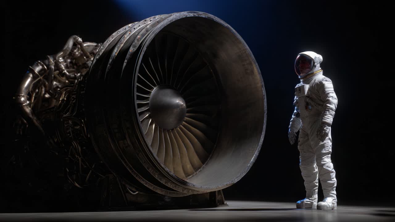 Um astronauta está diante de um motor a jato colossal, explorando o design intrincado e a escala monumental da engenharia humana em um ambiente futurista pouco iluminado.