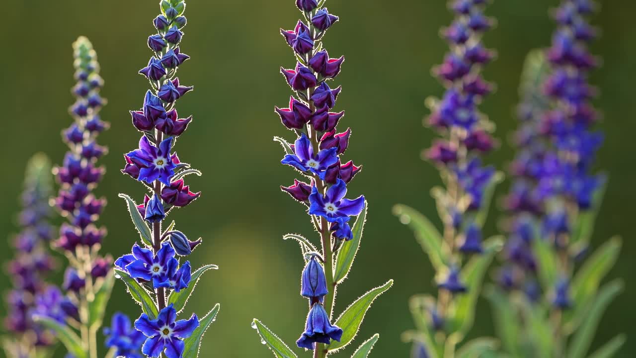 Close-up video of vibrant purple and blue flowers in soft focus, captured at eye level