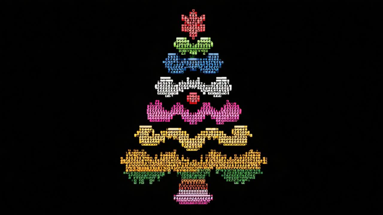 A Vibrant Display of a Stylized Christmas Tree Crafted with Colorful Lights, Showcasing Holiday Spirit and Festive Decorations against a Dark Background