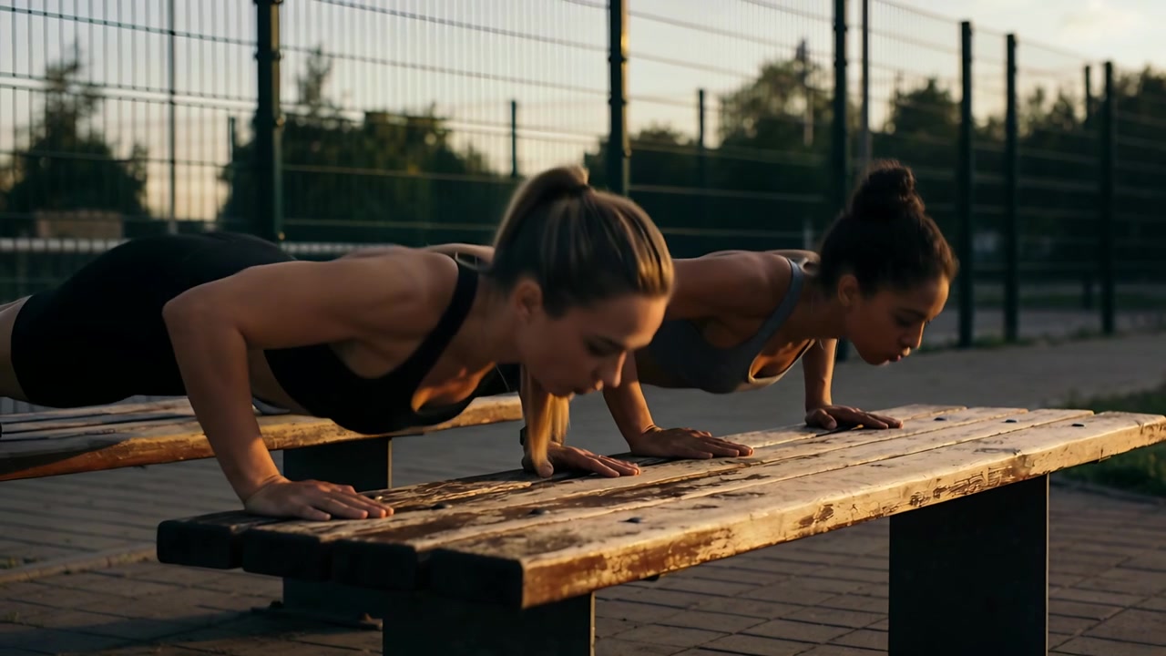 Starting two women doing incline push-ups on wooden bench at outdoor court in sports bras training