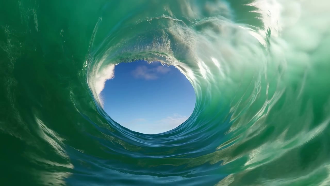 Vista dall'interno di un'onda marina verde che si arriccia, che mostra un tunnel d'acqua schiumoso che si apre verso un cielo azzurro brillante con la luce del sole che illumina la superficie increspata.