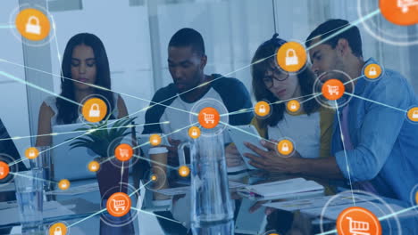 animation of network of connections with icons over diverse colleagues having meeting in office