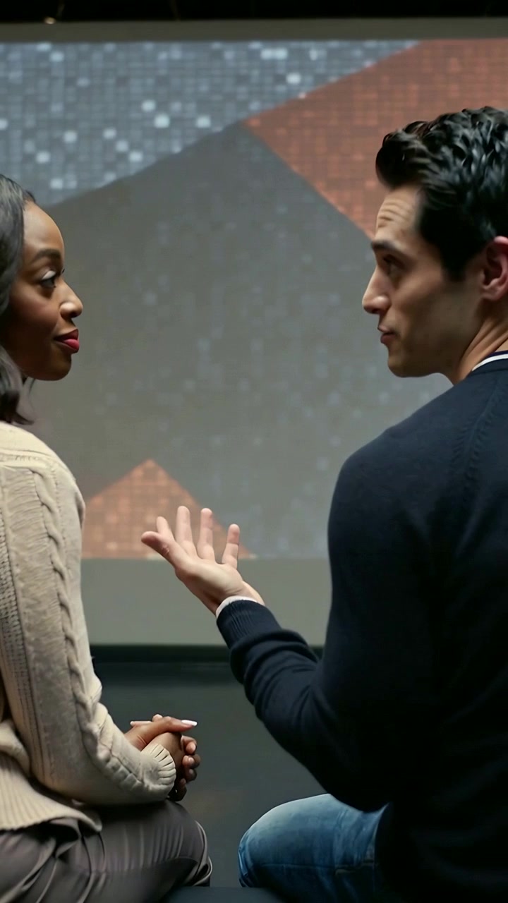Vertical video: Turning pair toward screen lighting at show, he gesturing, she listening in sweater