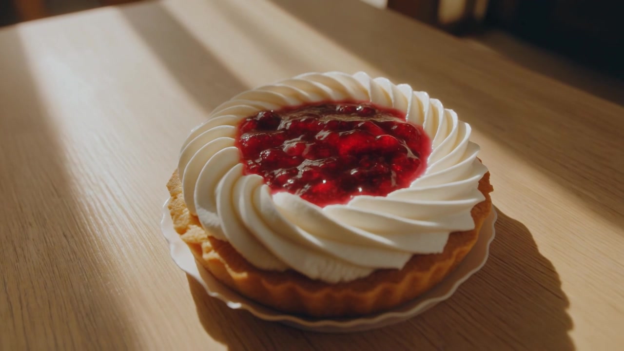 Crostata di frutti di bosco freschi con panna montata su tavolo di legno