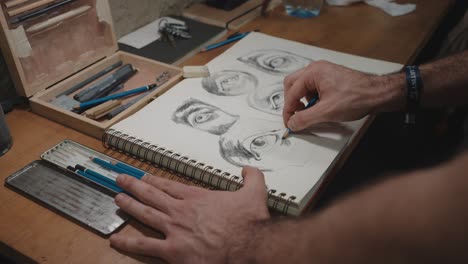 artist drawing sketches with pencil on paper: close-up shot of hands