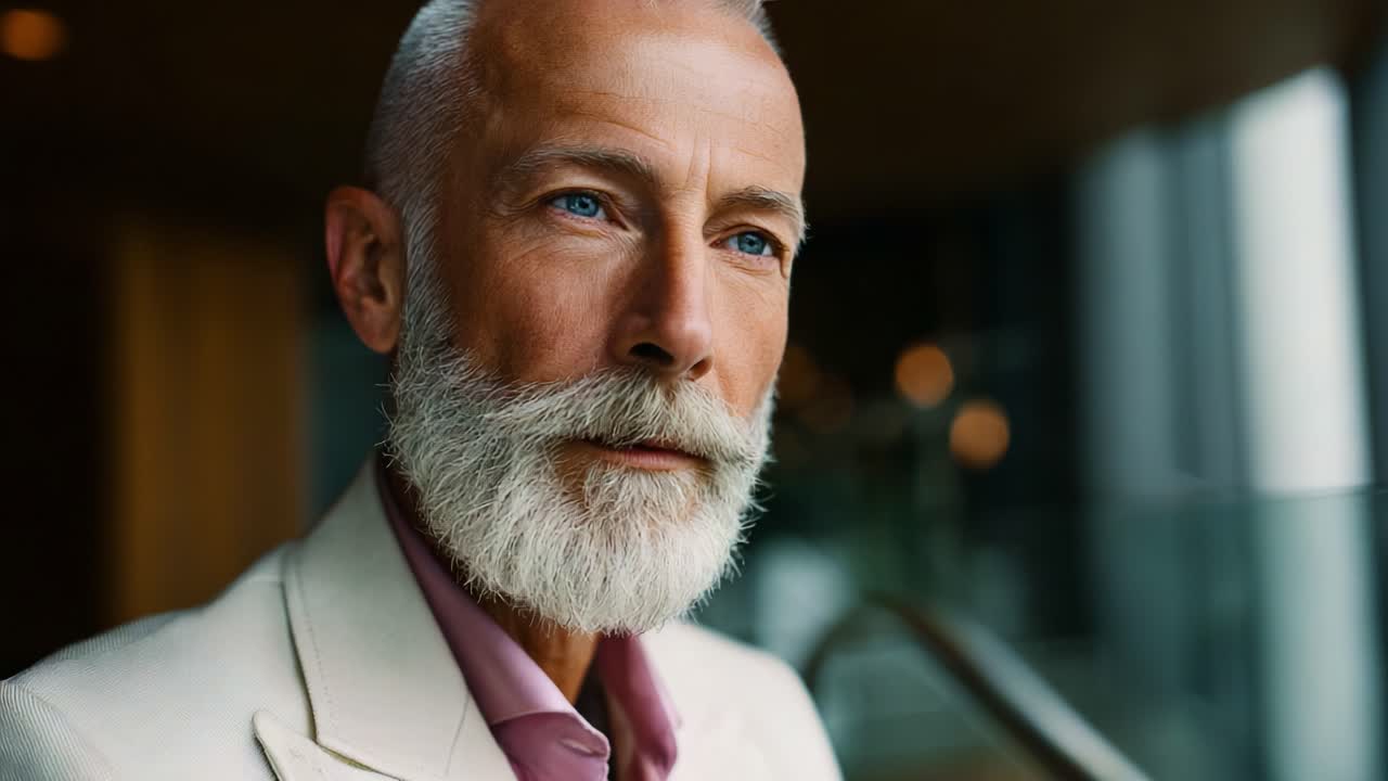 Captivating Close-Up of a Distinguished Elderly Man with a Silver Beard and Intense Blue Eyes in Sophisticated Attire, Evoking Wisdom and Experience