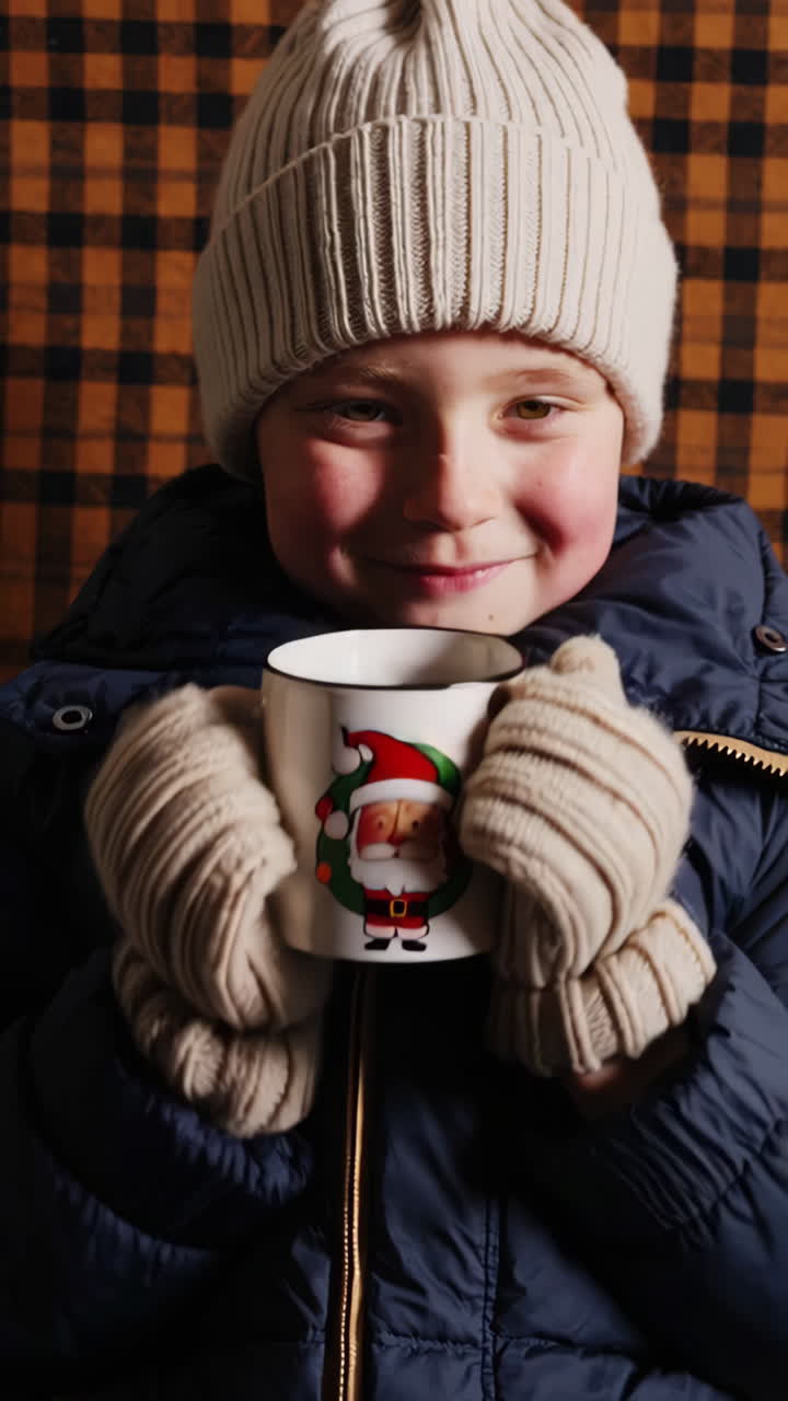 Bambino che si gode una bevanda calda natalizia in una tazza di Babbo Natale