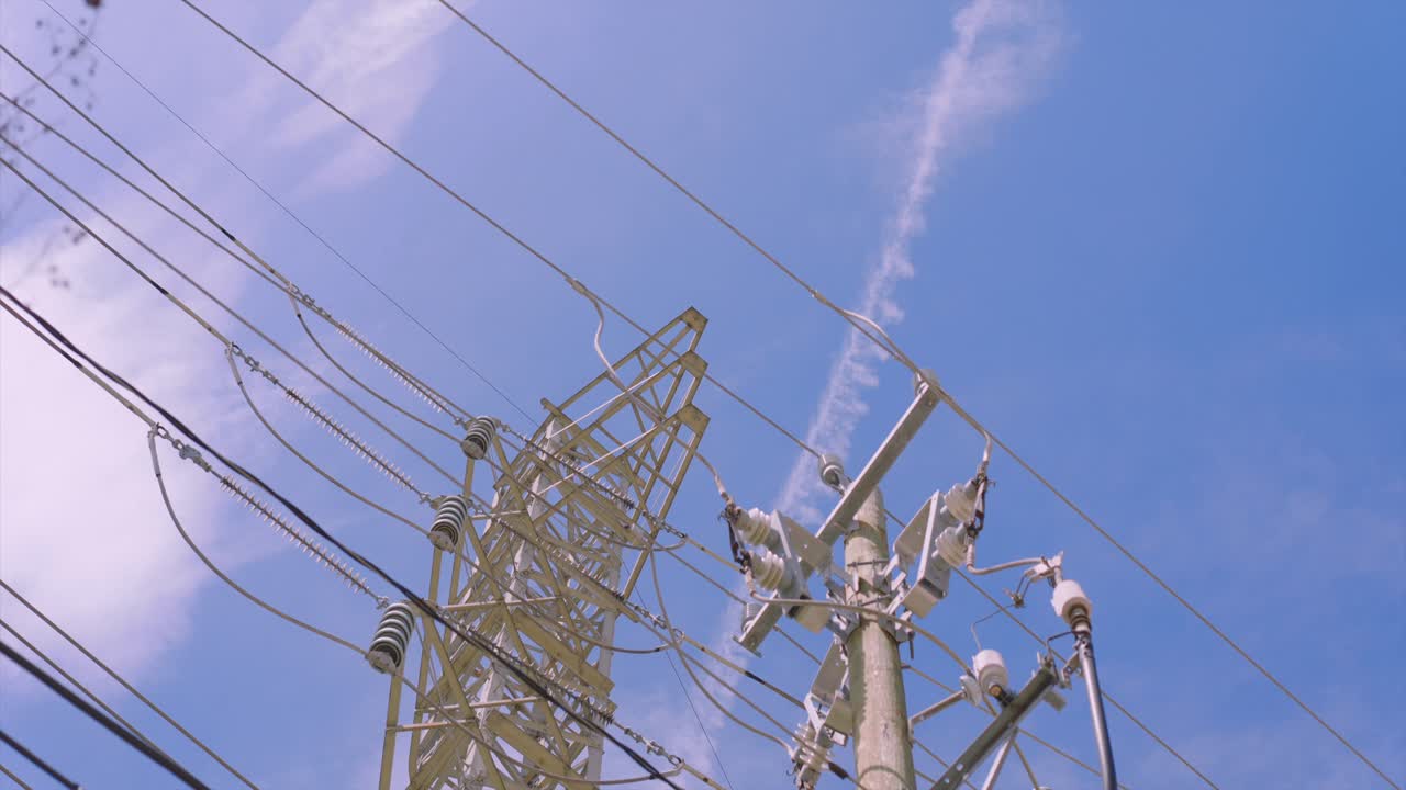 Low angle view looking up at power lines below a cloudy sky