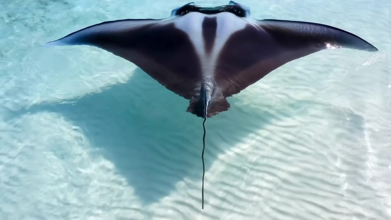 Manta-rausku uimassa kirkkaassa sinisessä vedessä hiekkapohjalla, manta-rauskuja, vettä, hiekkaa, veden tekstuuria, ylhäältä päin kuvattuna, sinisillä ja valkoisilla korostuksilla, selkeä yksityiskohta.