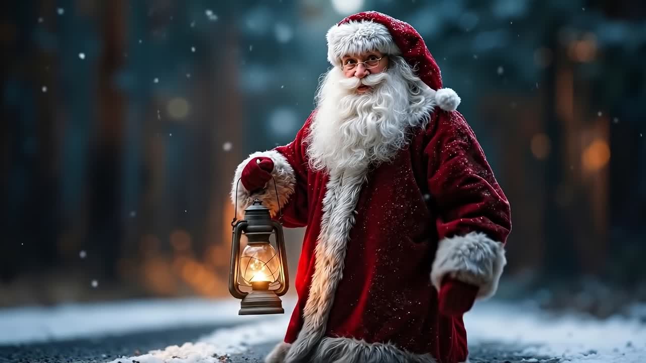 Un uomo vestito da Babbo Natale che tiene una lanterna nella neve