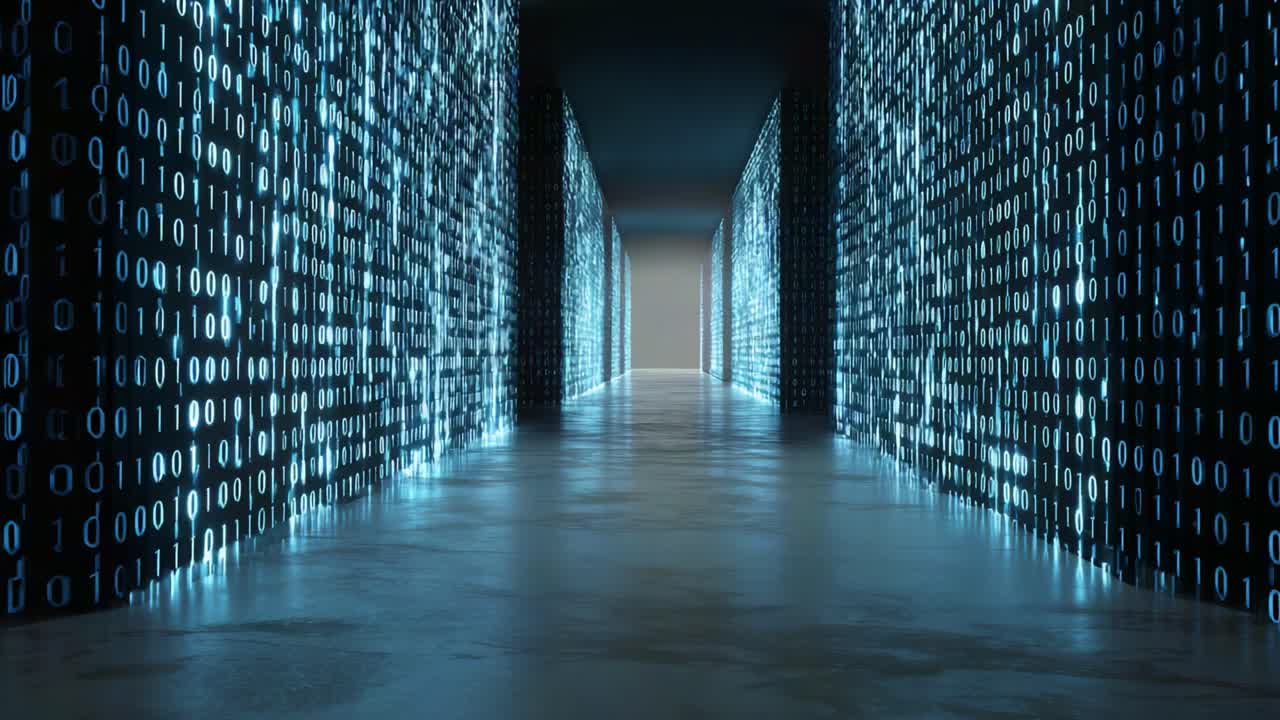 A Cybernetic Corridor Illuminated by Binary Code Streaming Along the Walls, Leading to a Bright Future of Digital Innovation and Data Exploration Ahead