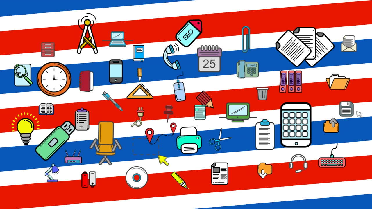 Animation of business icons over red and blue stripes on white background