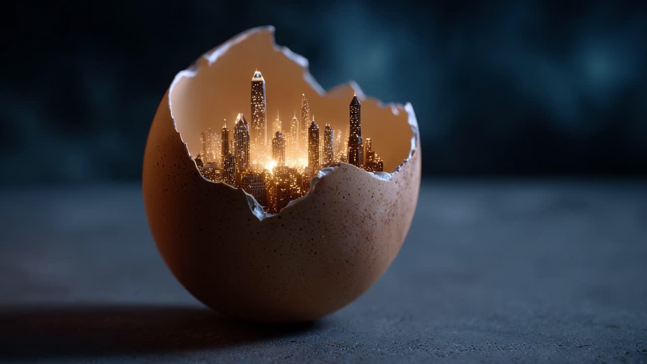 A Fragile Shell Revealing a Glimmering Cityscape: An Artistic Exploration of Potential and Urban Evolution Encased Within an Egg