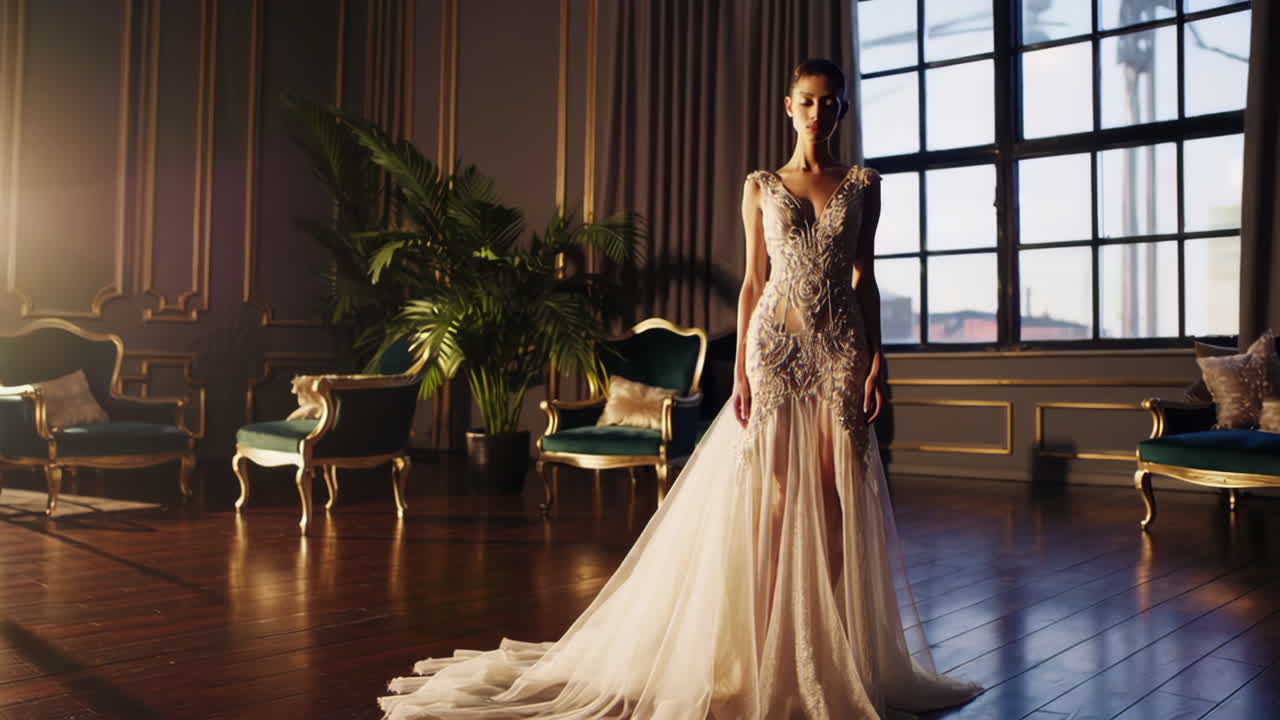 Elegant Woman in a Beaded Wedding Gown