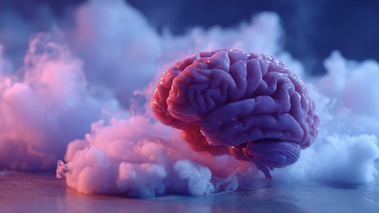 Un'affascinante rappresentazione di un cervello circondato da nuvole eteree, che simboleggia il pensiero, l'emozione e l'immaginazione in un'atmosfera onirica