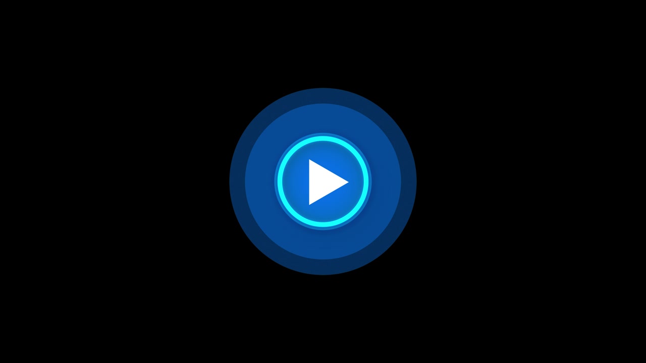Glowing video play icon with blue circular button bright cyan rim and clean black background perfect