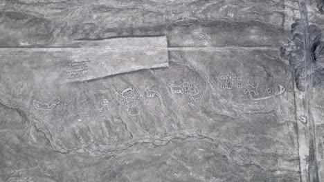 z góry w dół widok powietrzny nad liniami humanoidalnych stworzeń nazca na pustyni peruwiańskiej