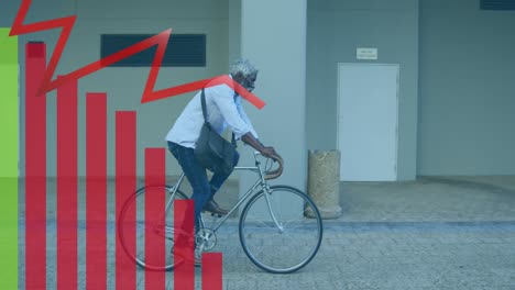 animation of statistical data processing over african american man riding a bicycle on the street