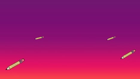 Animation-of-multiple-pencil-icons-floating-against-copy-space-on-purple-gradient-background