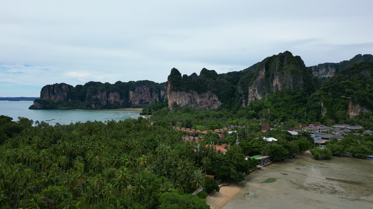 A scenic view of lush palm trees leading to a tranquil beach with towering limestone cliffs in the background, under a partly cloudy sky.