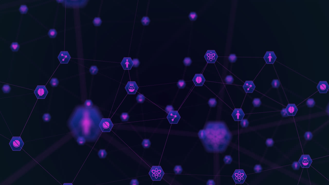 animación de iconos de salud azules y rosados sobre fondo negro