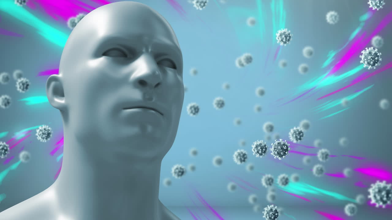 인간의 머리와 불빛 위에 떨어지는 코로나19 세포의 애니메이션