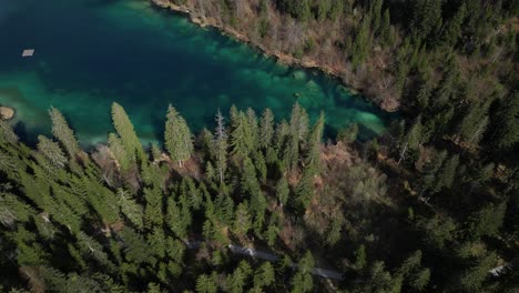 Orbit-Shot-Of-Famous-Cresta-Lake-Surrounded-With-Green-Trees,-Switzerland