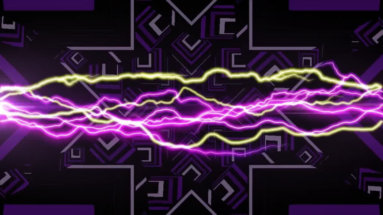 animación de corrientes eléctricas rosadas y amarillas brillantes sobre formas de caleidoscopio que se mueven en negro