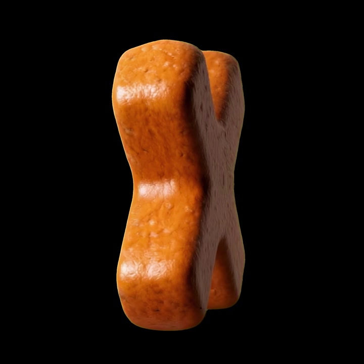 黒い背景の上で回転する、質感のある表面を持つアニメーションの3D Xシンボル