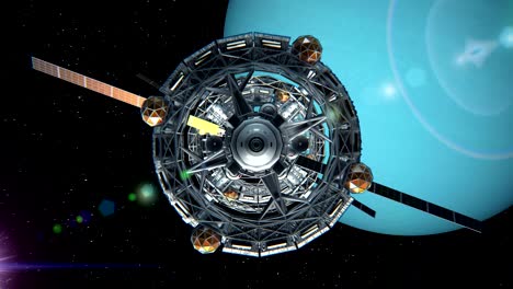 front view of spaceship on background of uranus