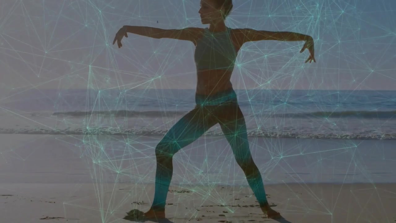 Vertical video: Feet planting woman in gear shifting into lunge lifting arms on sand teal net