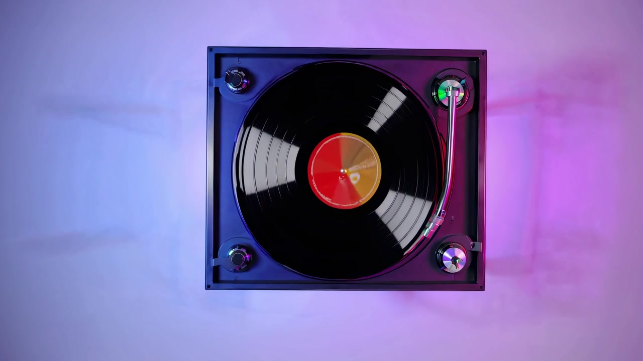 Luci colorate dinamiche su un giradischi in vinile che gira