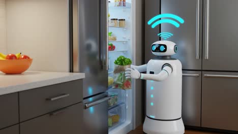 a smart robot assistant retrieves groceries from the fridge, demonstrating advanced technology and automation in modern kitchen environments