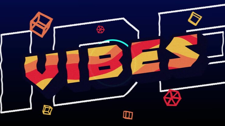 Animazione digitale del testo 'vibes' e forme astratte su sfondo nero