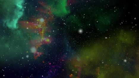 the movement of green and yellow nebula clouds in the vast, dark universe, outer space