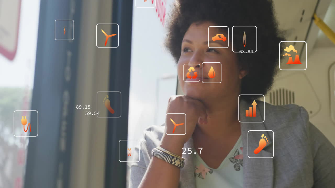 Looking out window, woman surrounded by digital icons and numbers animation
