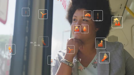 looking out window, woman surrounded by digital icons and numbers animation