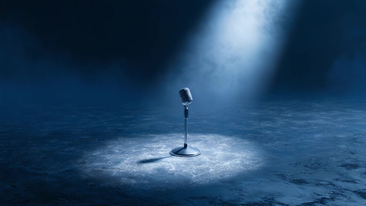 Un microfono solitario sul palco illuminato da un riflettore drammatico, creando un'atmosfera potente pronta per una performance o presentazione coinvolgente.