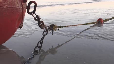 rope and chain tied to a huge buoy on the edge of a shore