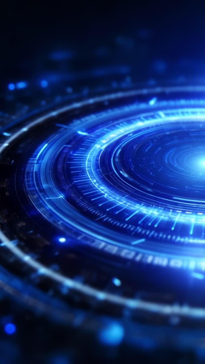 Diseño abstracto futurista con patrones circulares y luces azules vibrantes que crean una experiencia visual de inspiración tecnológica en un entorno digital