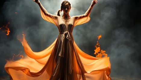 dancer in flowing orange gown performing with dramatic stage lighting